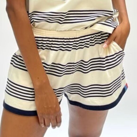 Kule The Bundle Striped Pull On Mini Shorts Cotton Casual Loungewear Cream Navy - Picture 1 of 9